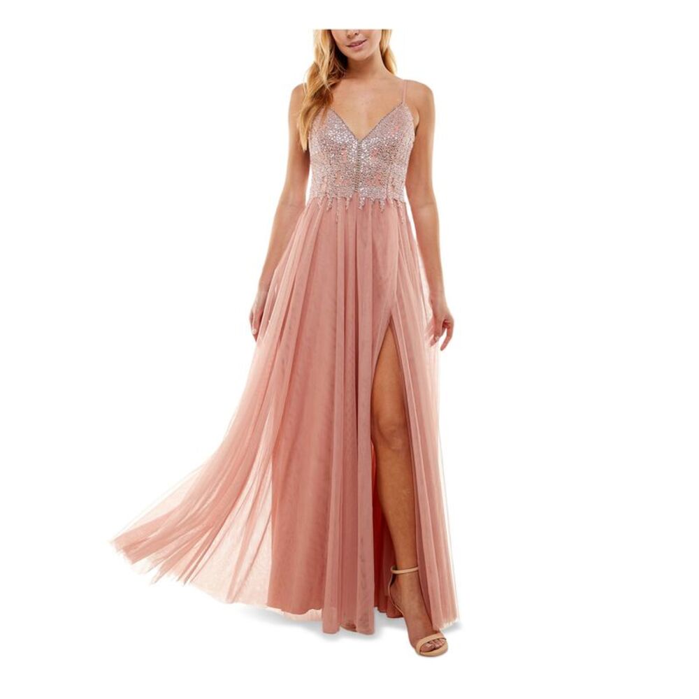 NWT SAY YES TO THE DRESS Womens Pink Lace-up Back Lined Slit Formal Dress 7